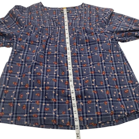 Toad & Co Womens XS Blue Plaid Floral Embroidered 3/4 Sleeve Blouse 100% Cotton - Picture 10 of 11